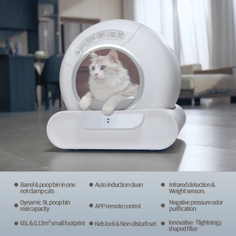 HKM-054419 Smart Automatic Self-Cleaning Cat Litter Box with APP Control and Odor Control, Large Capacity 65L