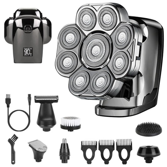 HKM-055187 6-in-1 Cordless Rechargeable 9D Electric Head Shaver for Men with LED Display and Travel Lock