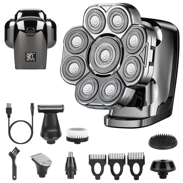 HKM-055187 6-in-1 Cordless Rechargeable 9D Electric Head Shaver for Men with LED Display and Travel Lock