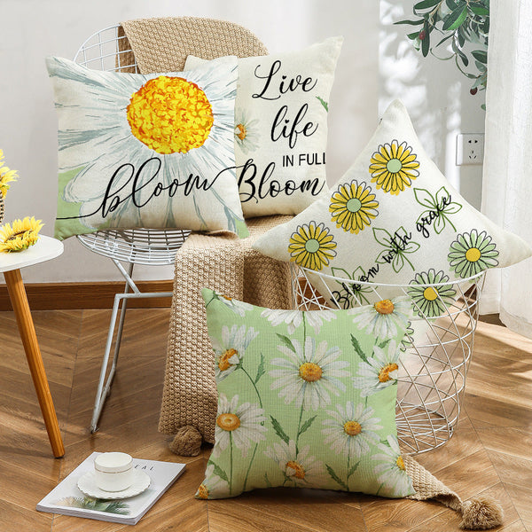 HKM-055251 Summer Chrysanthemum Green Plant Flower Linen Pillow Cover 45x45cm