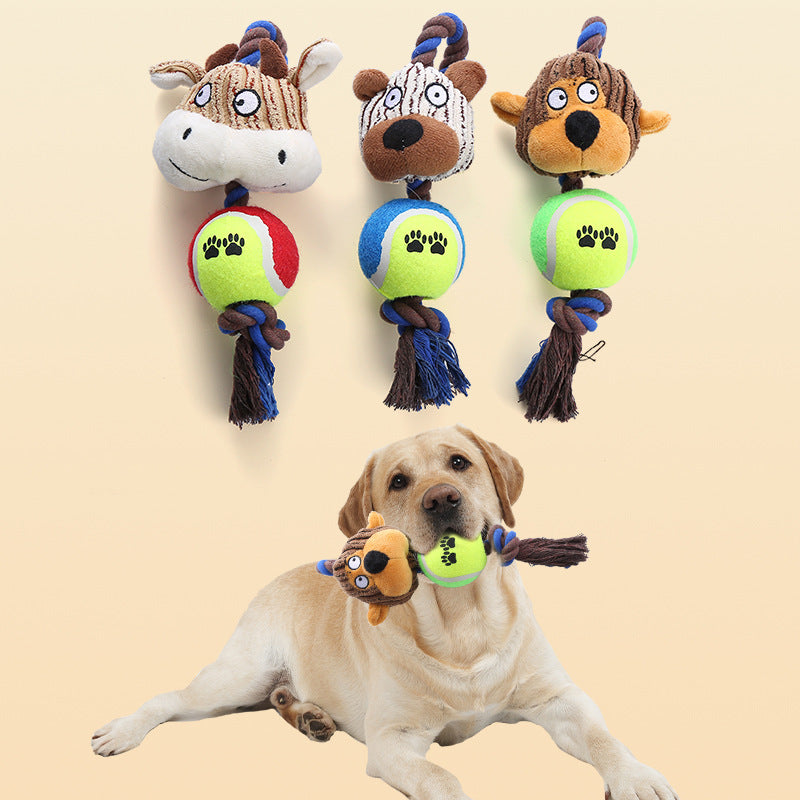 HKM-0554941 Interactive Corduroy Tennis Ball Dog Toy with Cotton Rope and Sound for Engaging Play