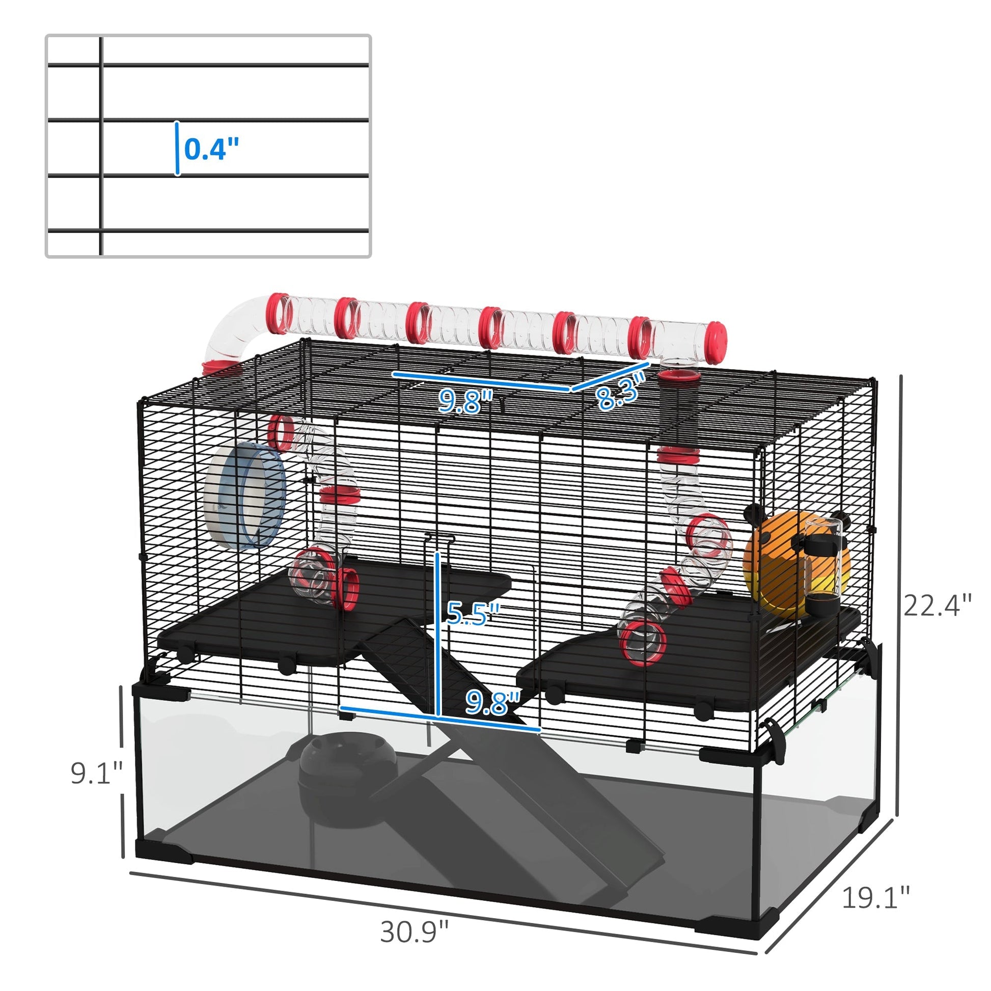 HKM-0555965 31" Hamster Cage with Tube System, Ramps, Wheel, and Deep Glass Base
