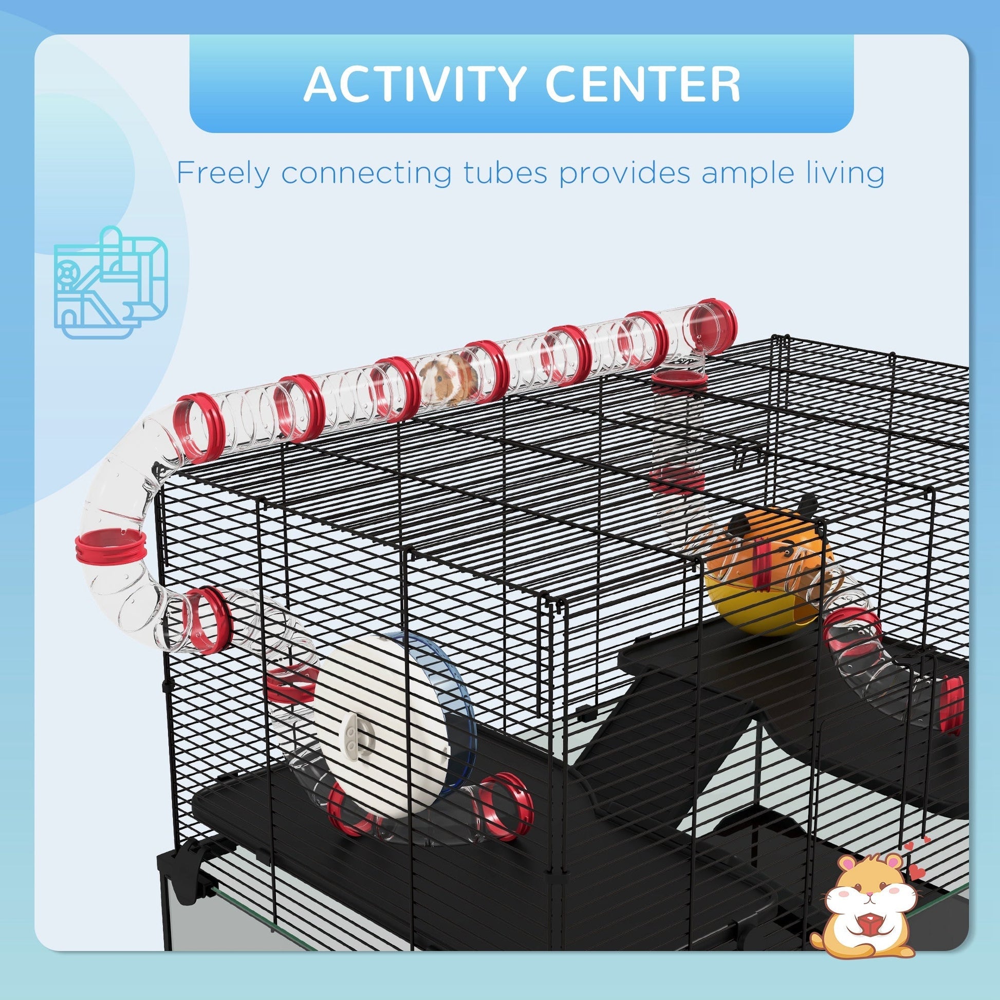 HKM-0555965 31" Hamster Cage with Tube System, Ramps, Wheel, and Deep Glass Base