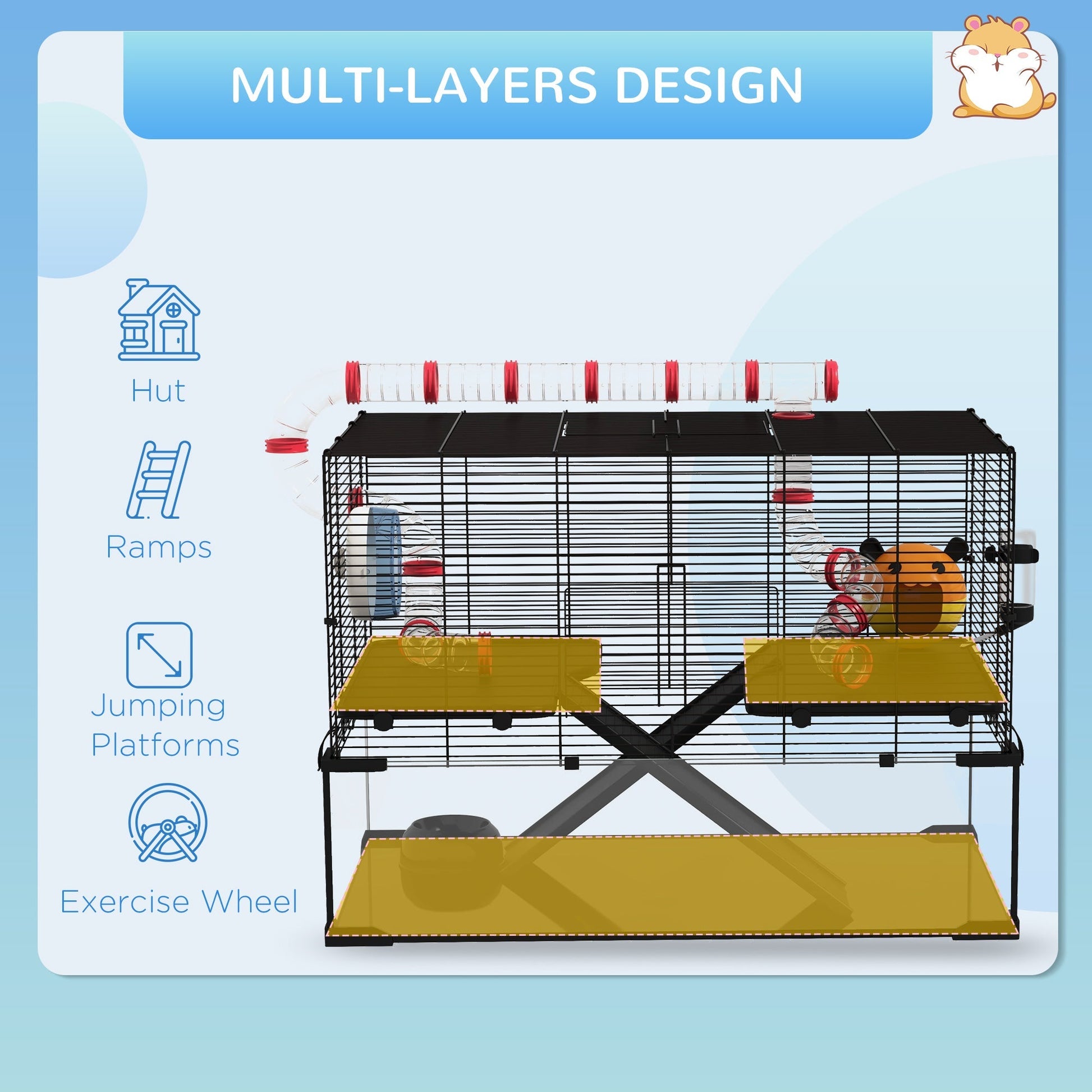 HKM-0555965 31" Hamster Cage with Tube System, Ramps, Wheel, and Deep Glass Base