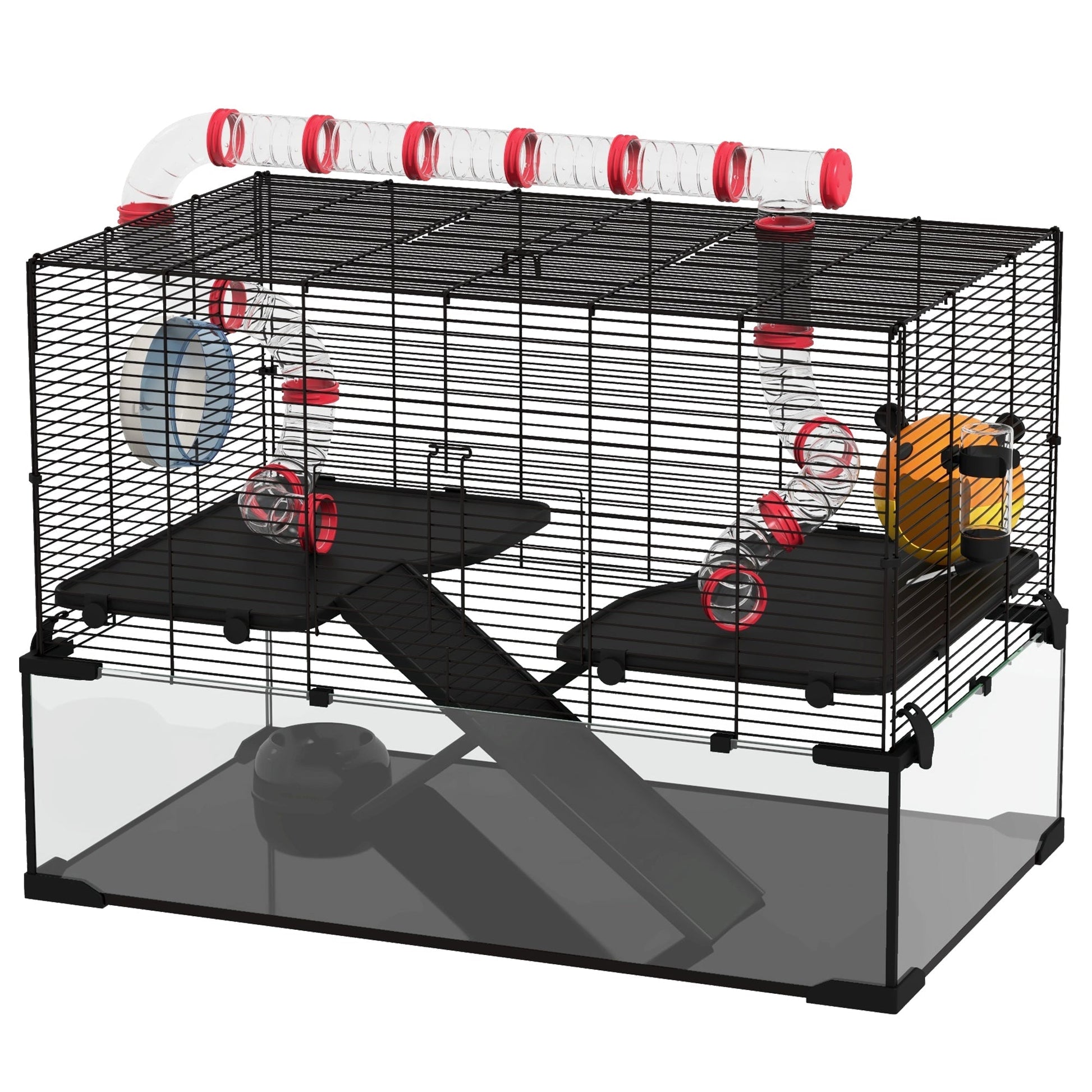HKM-0555965 31" Hamster Cage with Tube System, Ramps, Wheel, and Deep Glass Base