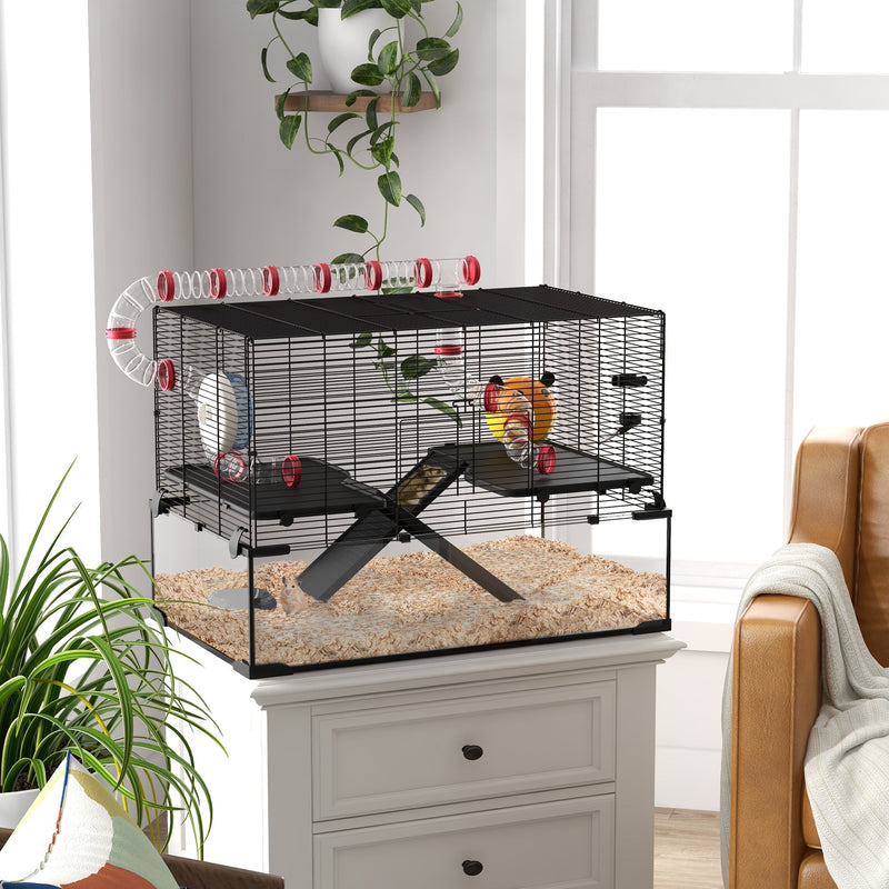 HKM-0555965 31" Hamster Cage with Tube System, Ramps, Wheel, and Deep Glass Base