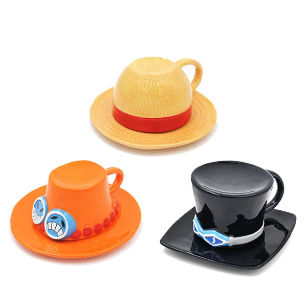 HKM-055699 Ceramic Anime Coffee Cup with Luffy Straw Hat Design, 301-400ml Capacity for Office Use