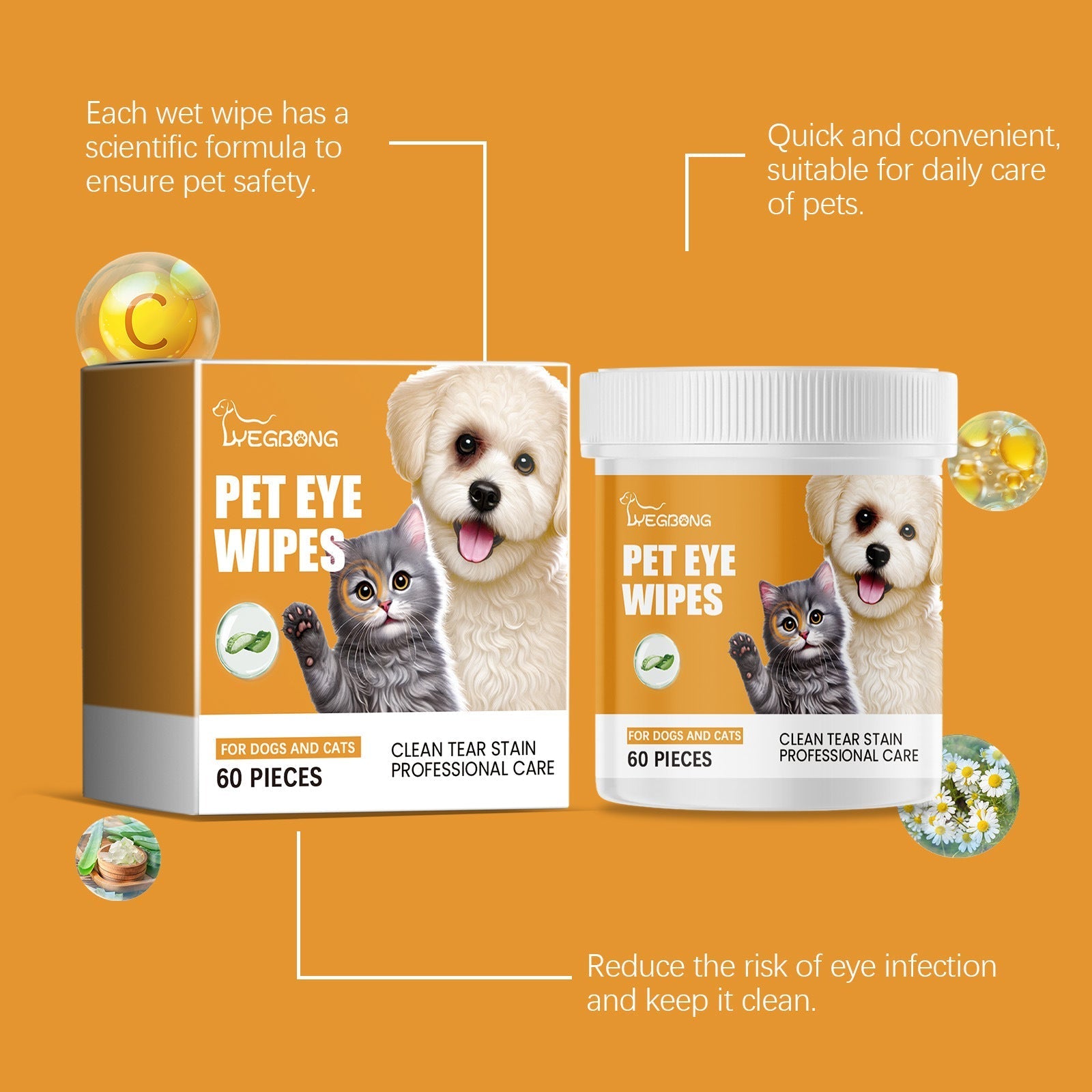 HKM-0559933 Pet Eye Cleaning Wipes for Dogs and Cats - 60 Count Tear Removal Wet Wipes