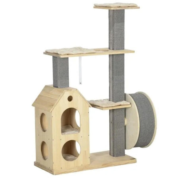 HKM-056275 Cozy Cat Tree with Double House, Running Wheel, and Plush Cushions for Cats Under 11 lbs