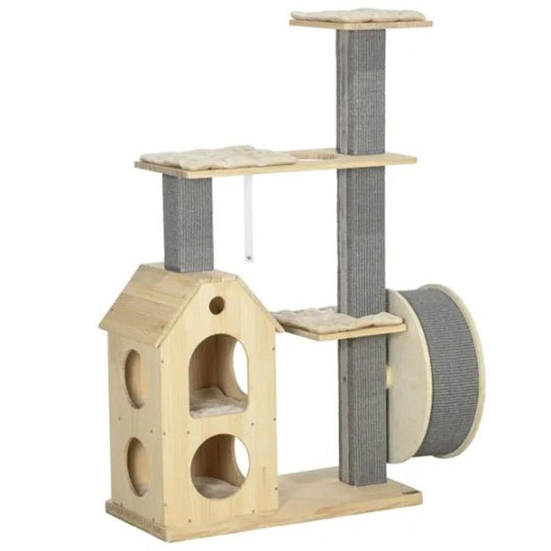 HKM-056275 Cozy Cat Tree with Double House, Running Wheel, and Plush Cushions for Cats Under 11 lbs