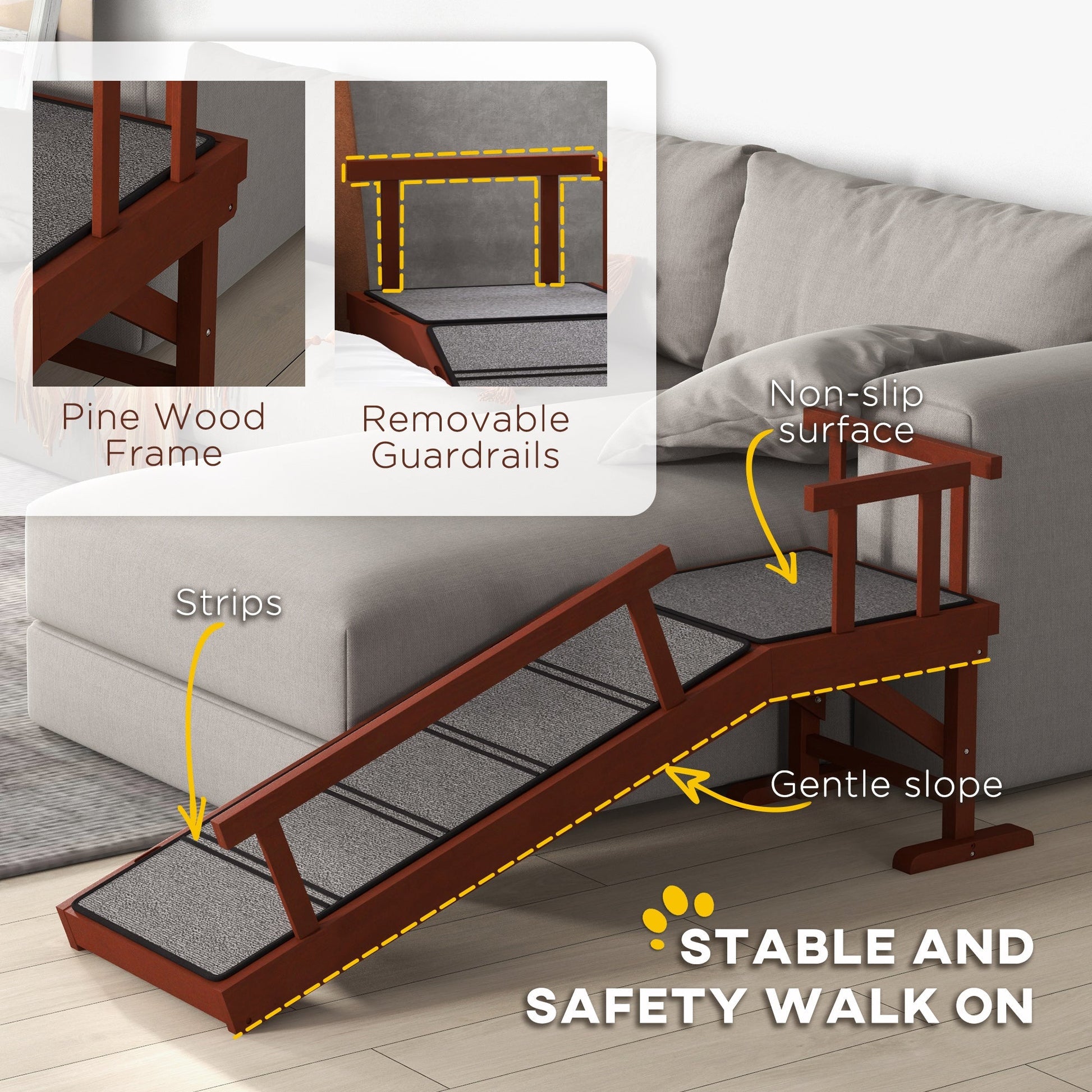 HKM-0563517 Wooden Dog Ramp with Removable Guardrails and Non-Slip Surface, 49" Long, Brown, Suitable for Pets Under 66 lbs