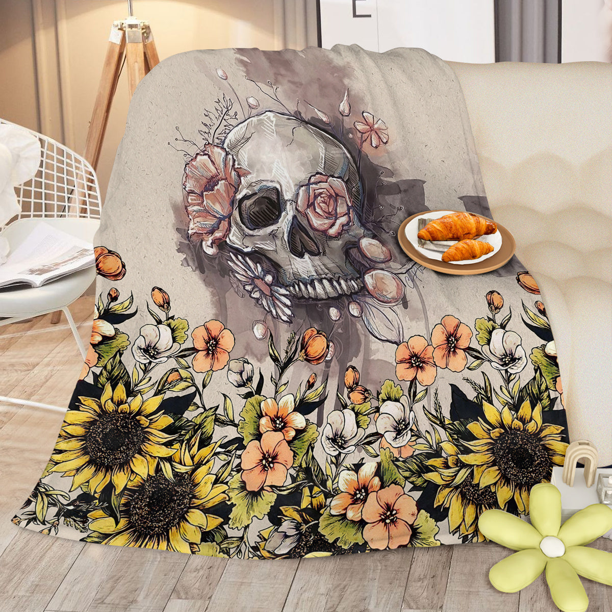 HKM-056595 Rustic Skull and Sunflower Flannel Throw Blanket - Soft Plush Fleece for Couch, Bed, and Car - Multiple Sizes Available