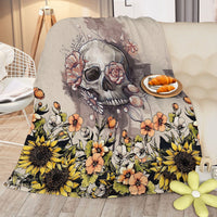 HKM-056595 Rustic Skull and Sunflower Flannel Throw Blanket - Soft Plush Fleece for Couch, Bed, and Car - Multiple Sizes Available