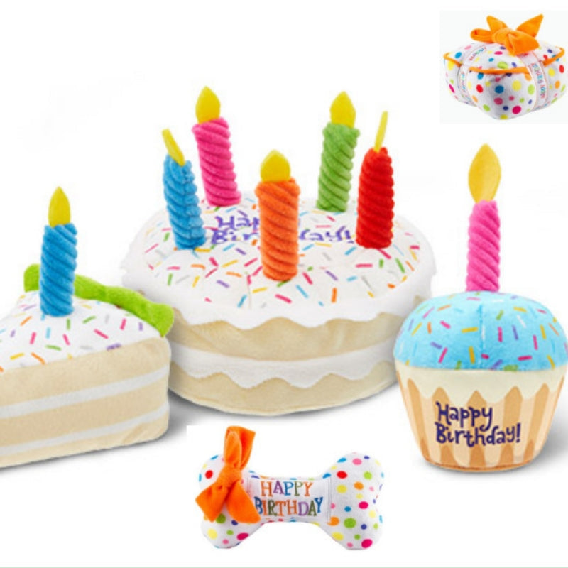 HKM-0567485 Plush Birthday-Themed Dog Toy Set - Cake, Gift Box, and Bone Options