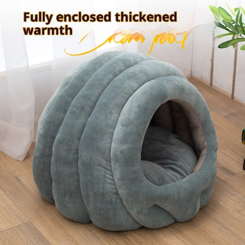 HKM-0567869 Universal Fully Enclosed Cat Nest - Flannel Non-Slip Pet Bed in Smokey Blue and Bean Pink