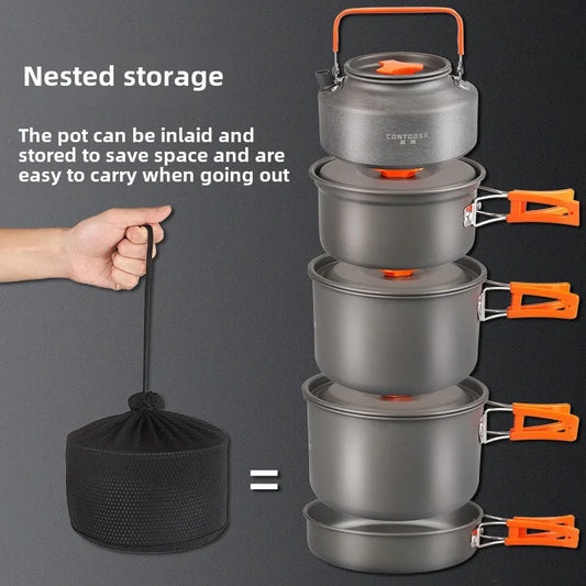 HKM-056787 Portable Anodised Camping Cookware Set with Foldable Stove and Hanging Pot for Outdoor Cooking