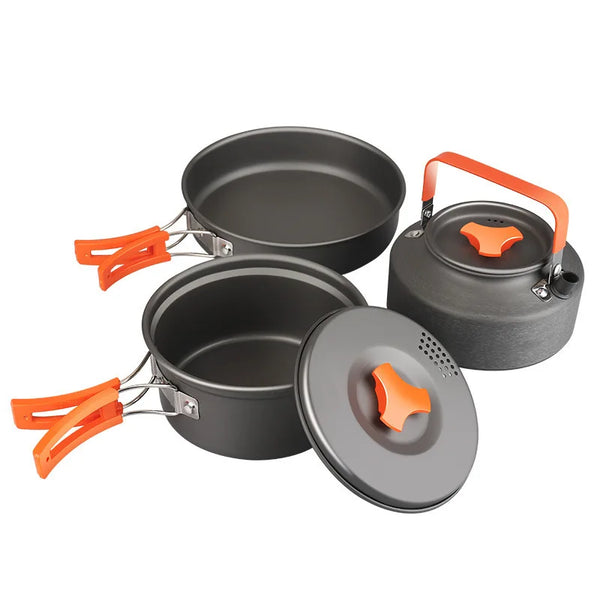 HKM-056787 Portable Anodised Camping Cookware Set with Foldable Stove and Hanging Pot for Outdoor Cooking