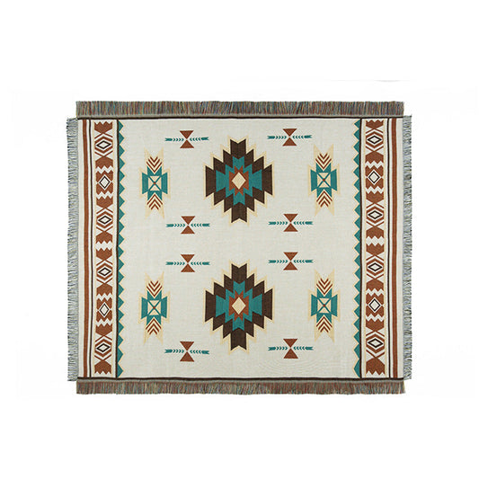 HKM-056979 Geometric Pattern Cotton Blanket with Tassels for RV and Picnic Use