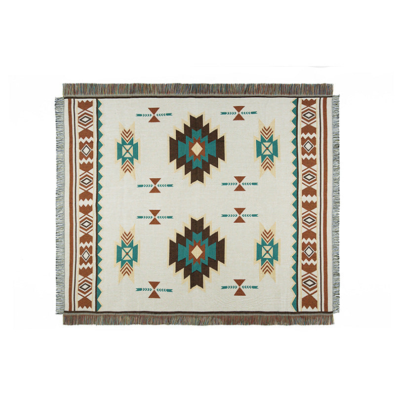 HKM-056979 Geometric Pattern Cotton Blanket with Tassels for RV and Picnic Use