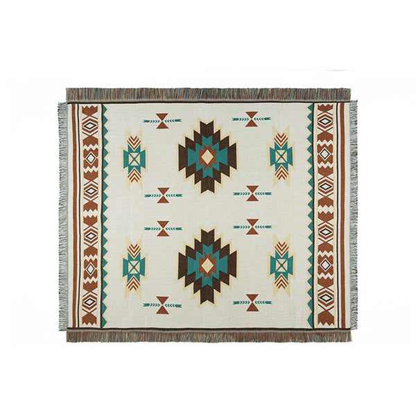 HKM-056979 Geometric Pattern Cotton Blanket with Tassels for RV and Picnic Use