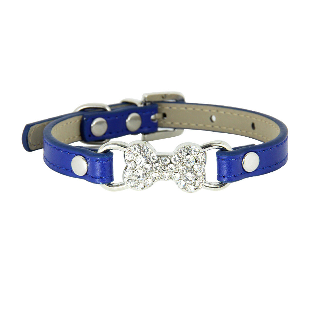 HKM-0573373 Cute Cat Traction Rope with Crystal Diamond Accent - Adjustable PU Pet Collar in Multiple Colors