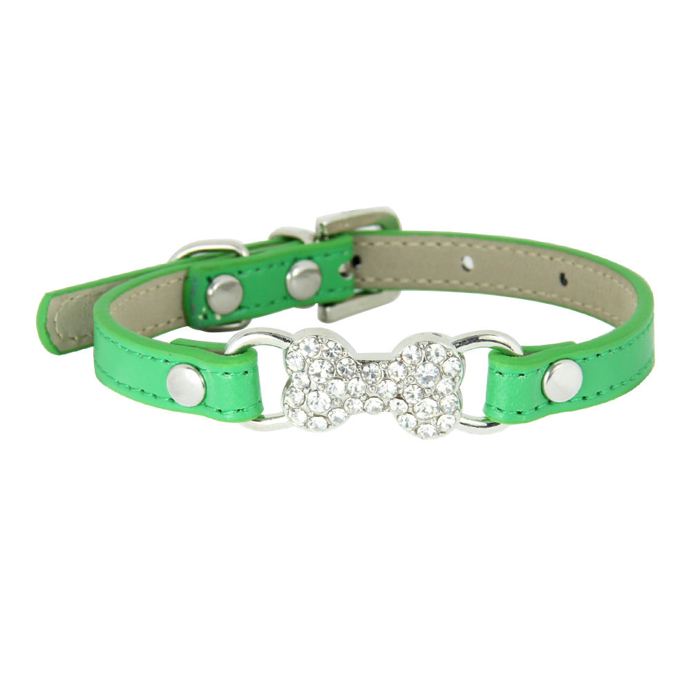 HKM-0573373 Cute Cat Traction Rope with Crystal Diamond Accent - Adjustable PU Pet Collar in Multiple Colors