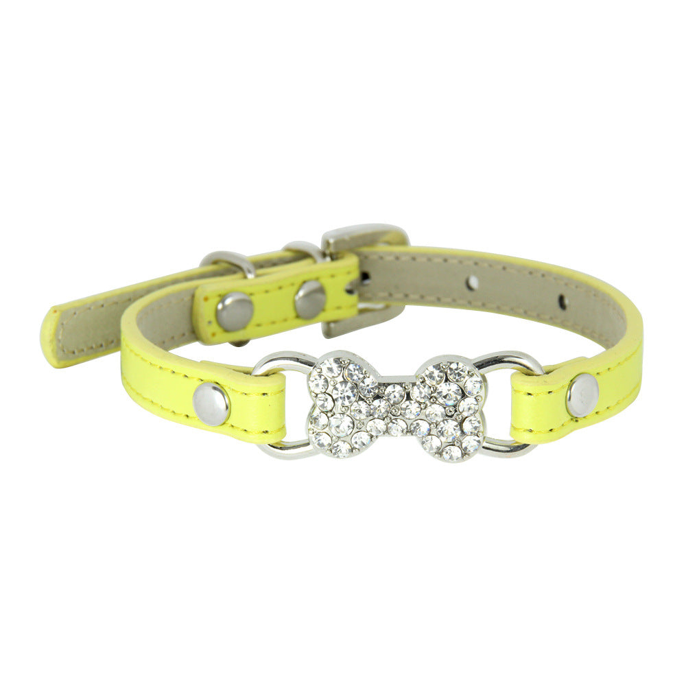 HKM-0573373 Cute Cat Traction Rope with Crystal Diamond Accent - Adjustable PU Pet Collar in Multiple Colors
