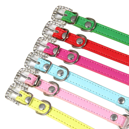 HKM-0573373 Cute Cat Traction Rope with Crystal Diamond Accent - Adjustable PU Pet Collar in Multiple Colors