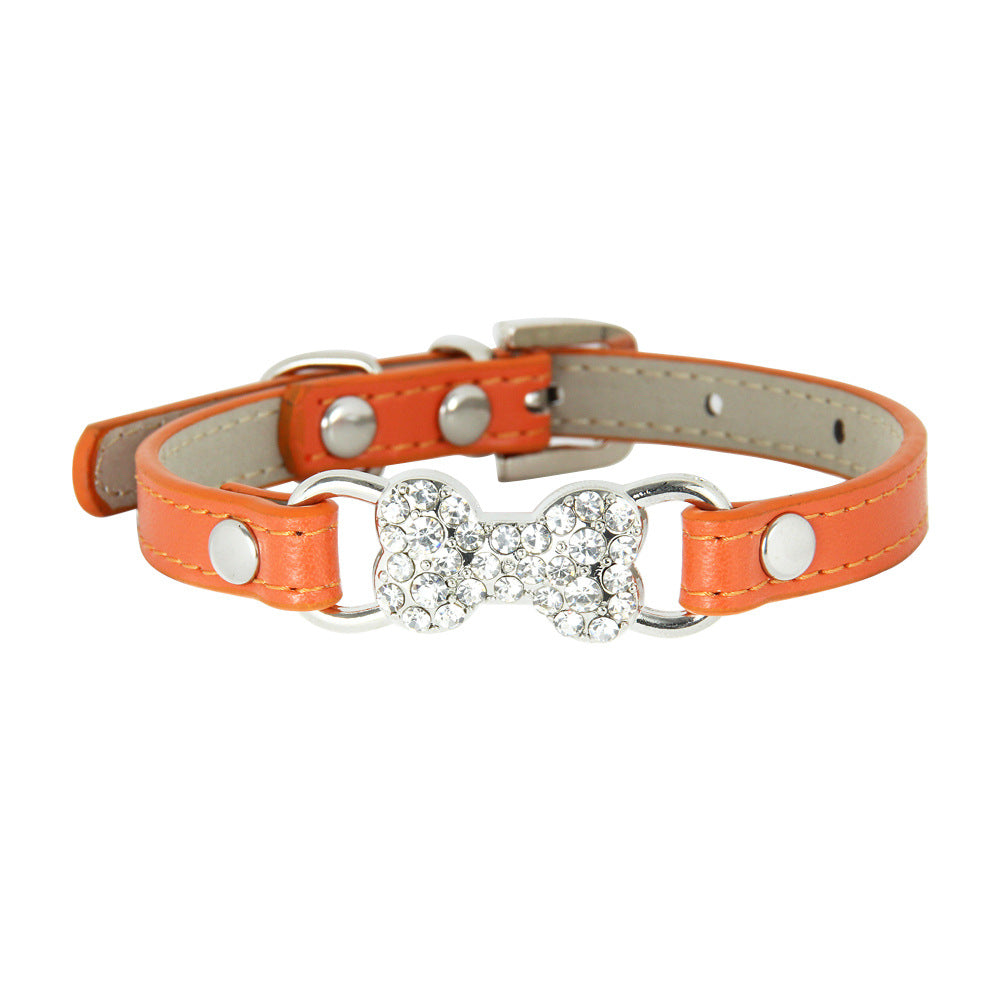 HKM-0573373 Cute Cat Traction Rope with Crystal Diamond Accent - Adjustable PU Pet Collar in Multiple Colors