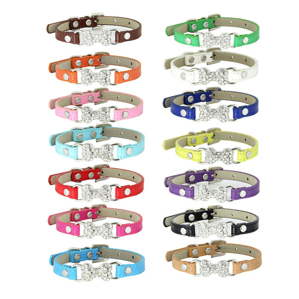 HKM-0573373 Cute Cat Traction Rope with Crystal Diamond Accent - Adjustable PU Pet Collar in Multiple Colors