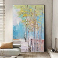 HKM-057363 Handmade Abstract Birch Forest Oil Painting Canvas Art for Living Room Decor, Unframed and Rolled