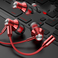 HKM-057619 Double Wheat Wired In-Ear Earbud Headset with Microphone – Rose Gold, Red, Gun Black Options