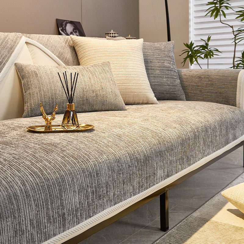 HKM-057811 Chenille Solid Color Sofa Cover in Stream-Light and Stream-Dark Gray, Modern Simplicity Design - 70x70 Size