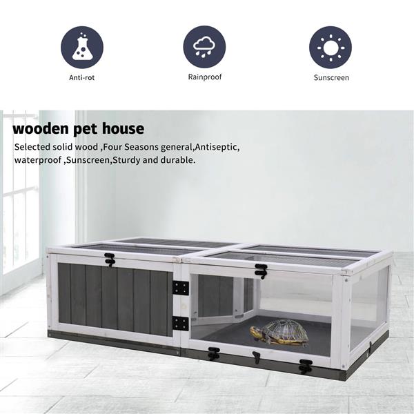 HKM-0582973 Indoor and Outdoor Wooden Turtle Habitat with Enclosed Rest and Water Areas