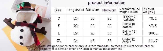 HKM-0583485 Snowman Costume for Pets - Fun Christmas Apparel in Sizes S, M, L, XL