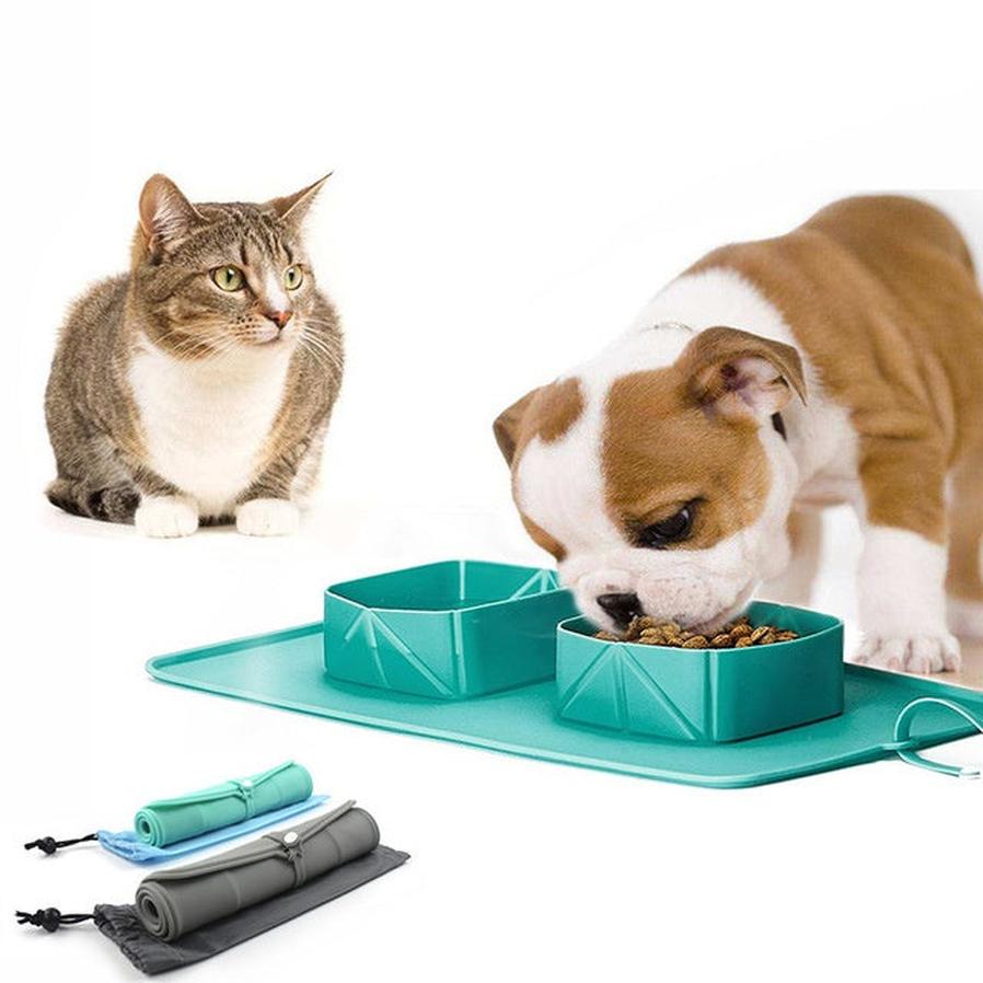 HKM-058579 Foldable Silicone Pet Bowl for Dogs and Cats - Mint Green & Gray, Dual Compartment Design, Easy to Clean, Portable & Travel Friendly