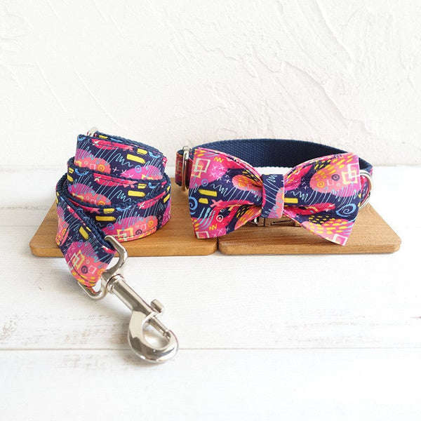 HKM-0587069 Pet Bow Tie Set and Leash with Dog Hoop - Variety of Sizes in Deep Graffiti