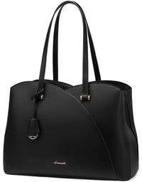 HKM-0590163 vegan leather laptop tote with curved panels and gold hardware