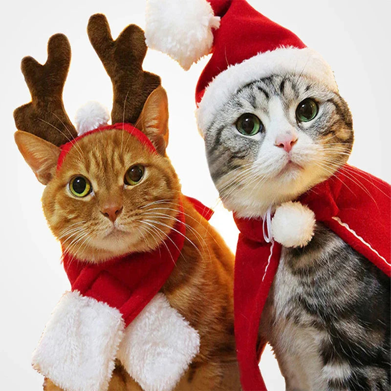 HKM-059155 Festive Fleece Pet Costume Set for Cats and Dogs - Christmas Cape, Hat, and Bib