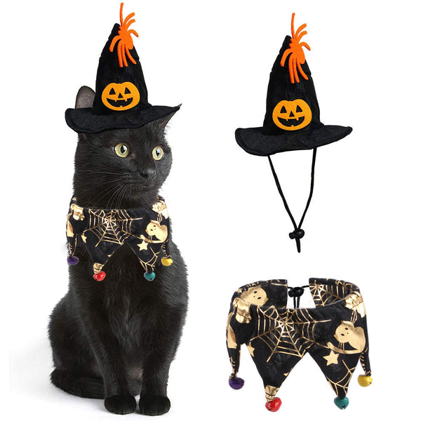 HKM-0592445 Skull Pattern Hat and Scarf Set with Cat Cape and Spider Web Design