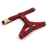 HKM-0594109 Red and Black Plaid Dog Harness with Gold Buckle - Adjustable Chest and Back Cover