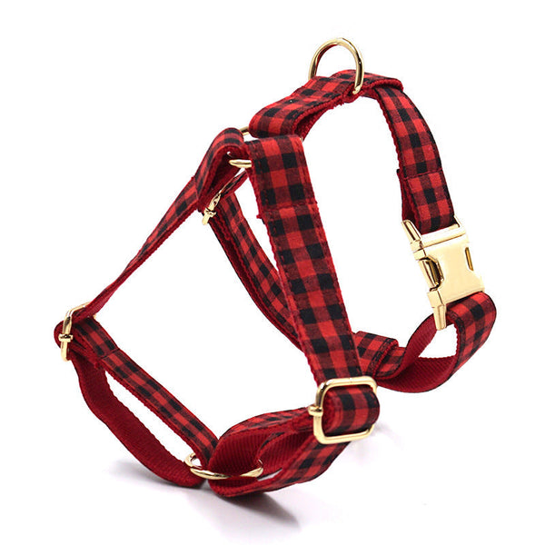 HKM-0594109 Red and Black Plaid Dog Harness with Gold Buckle - Adjustable Chest and Back Cover