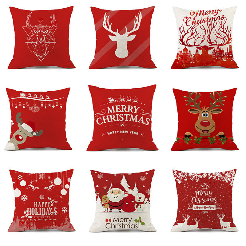 HKM-059411 Christmas Elk Santa Claus Cushion - Red Festive Printed Linen Pillow, 45x45cm, PP Cotton Filling