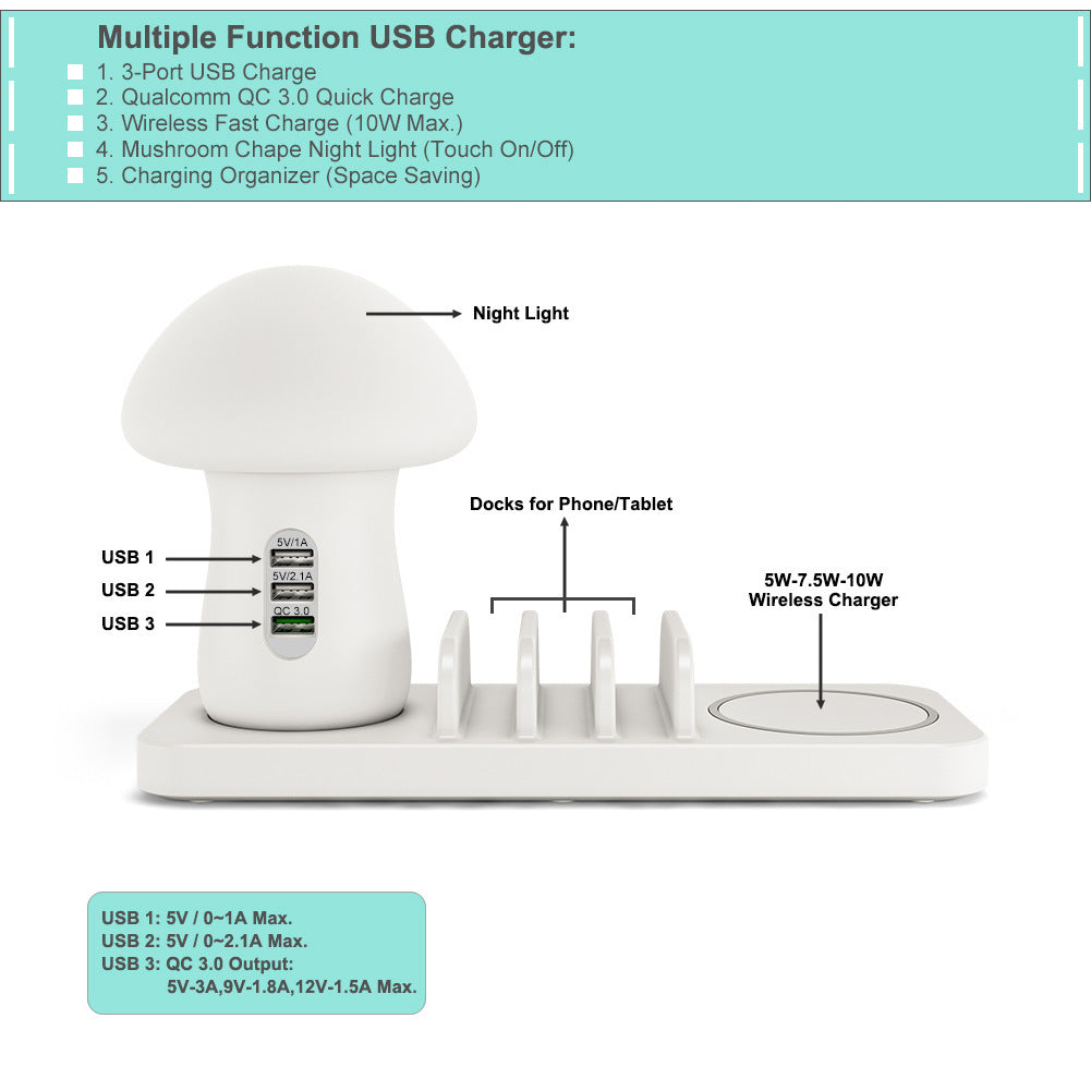 HKM-059603 Multi-Port USB Wireless Charging Desk Lamp with Mobile Phone Holder - Fast Charging 10W