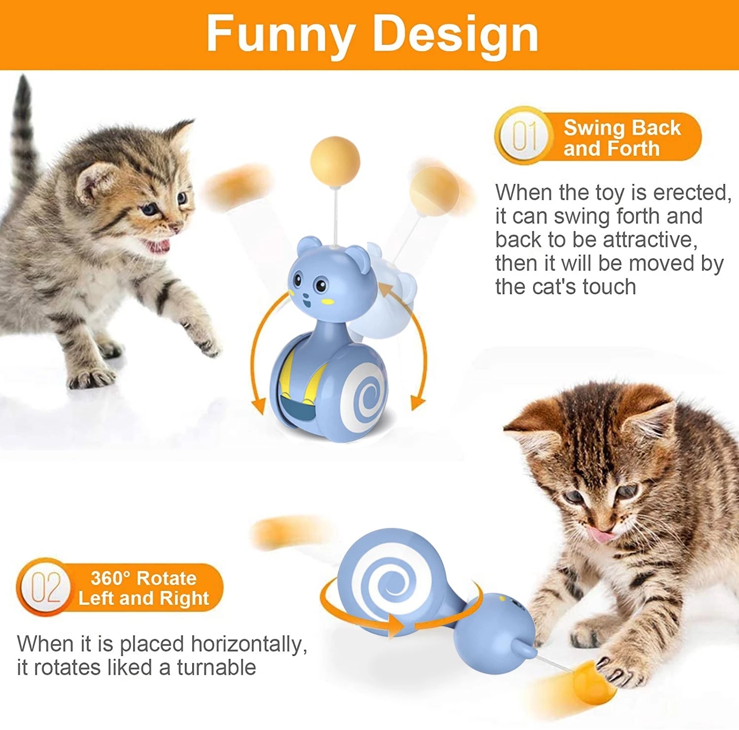HKM-0598077 Interactive Feather Toy for Cats - Tumbler Rolling Teaser with Rotating Ball, Pink/Blue
