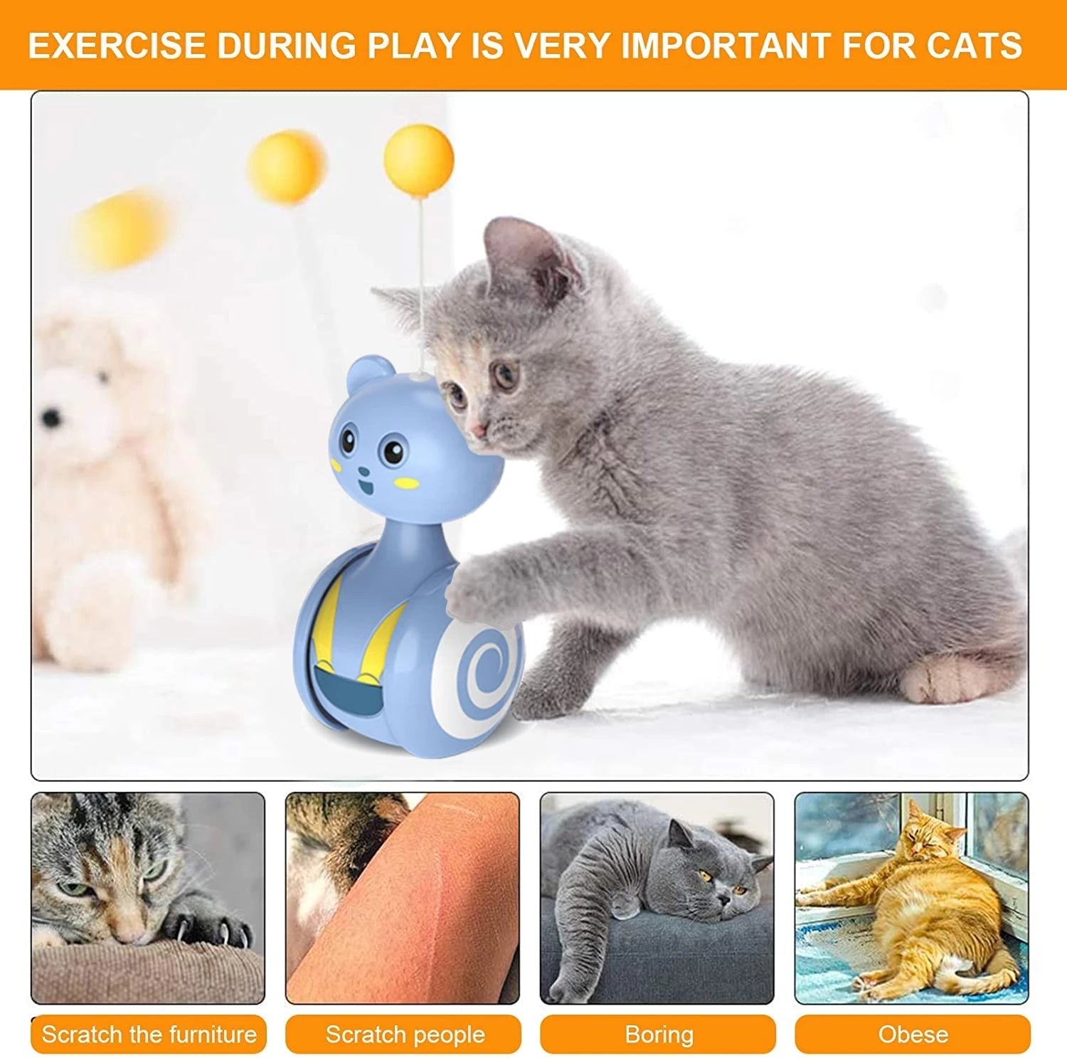 HKM-0598077 Interactive Feather Toy for Cats - Tumbler Rolling Teaser with Rotating Ball, Pink/Blue