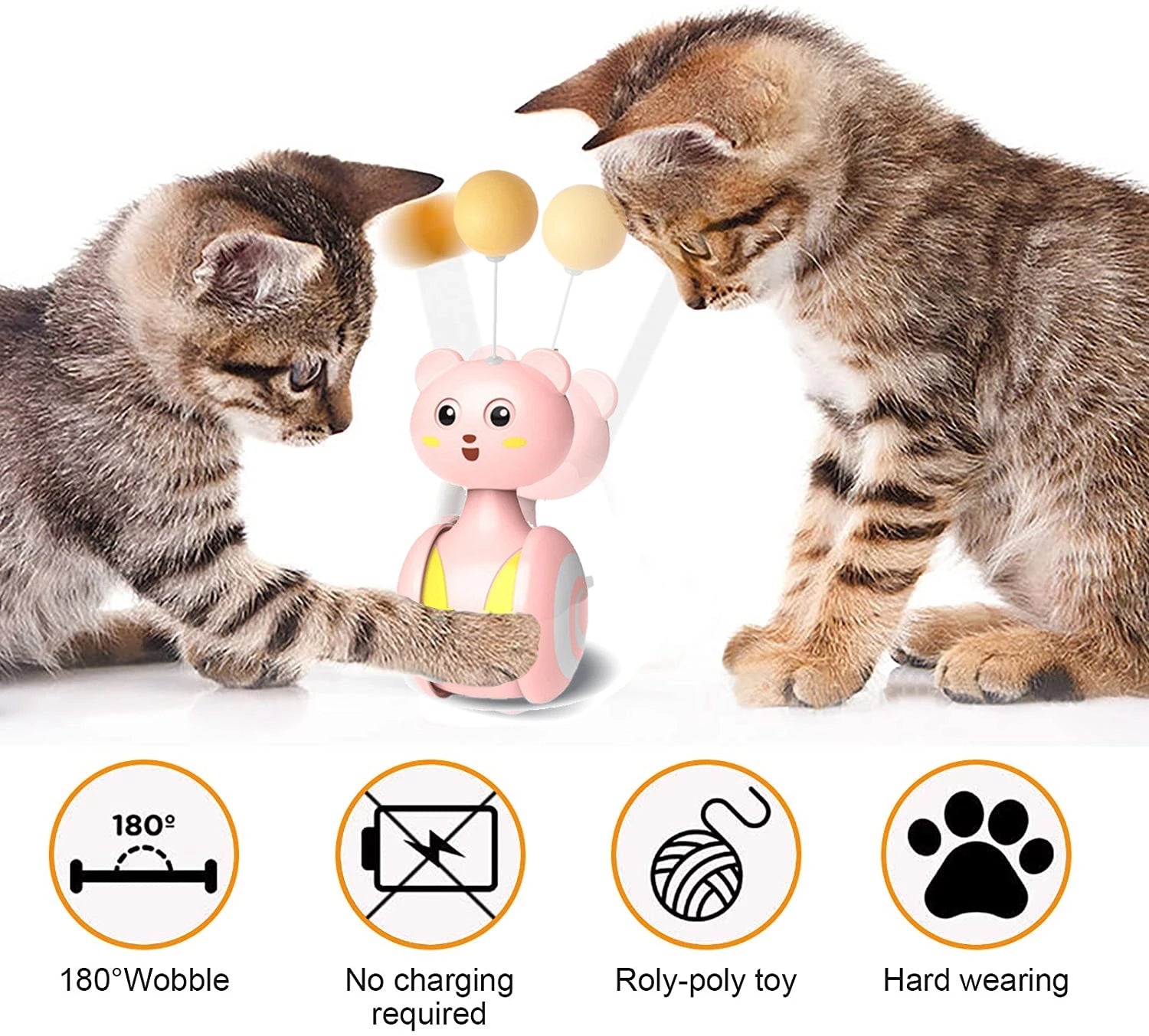 HKM-0598077 Interactive Feather Toy for Cats - Tumbler Rolling Teaser with Rotating Ball, Pink/Blue