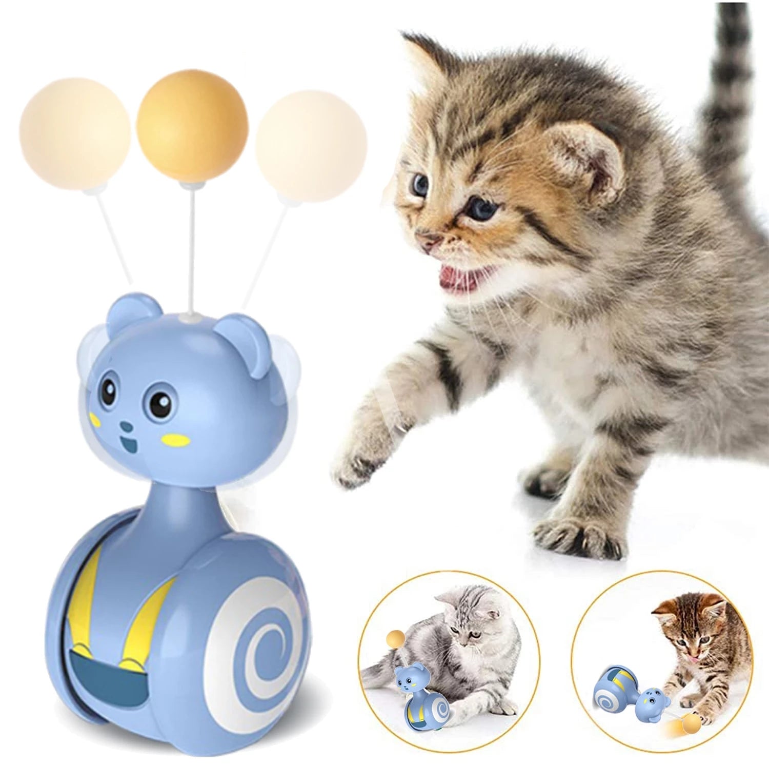 HKM-0598077 Interactive Feather Toy for Cats - Tumbler Rolling Teaser with Rotating Ball, Pink/Blue