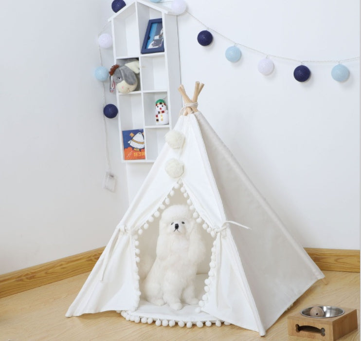 HKM-0600637 Cozy Canvas Pet Tent Bed with Pine Wood Frame - Portable, Washable, Easy Setup for Cats and Small Dogs