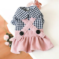 HKM-0601149 Casual Pet Dress with Button Plaid Design and Bow Suspenders for Small to Large Animals